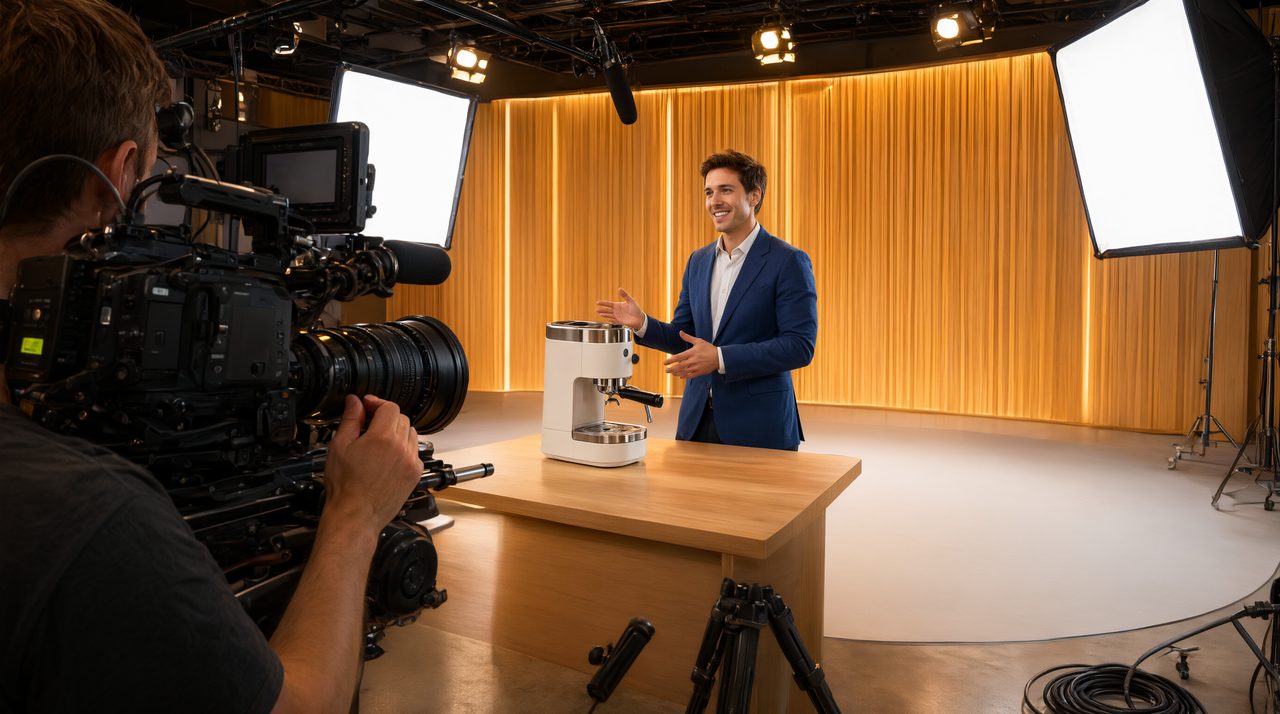 A camera crew filming a presenter with a product on a bright professional studio set.