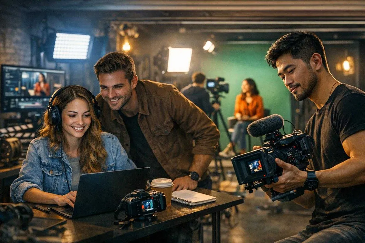 A diverse video production team is collaborating in a well-equipped studio, with two individuals focusing on a laptop and camera operation, surrounded by professional lighting, green screen, and studio equipment.