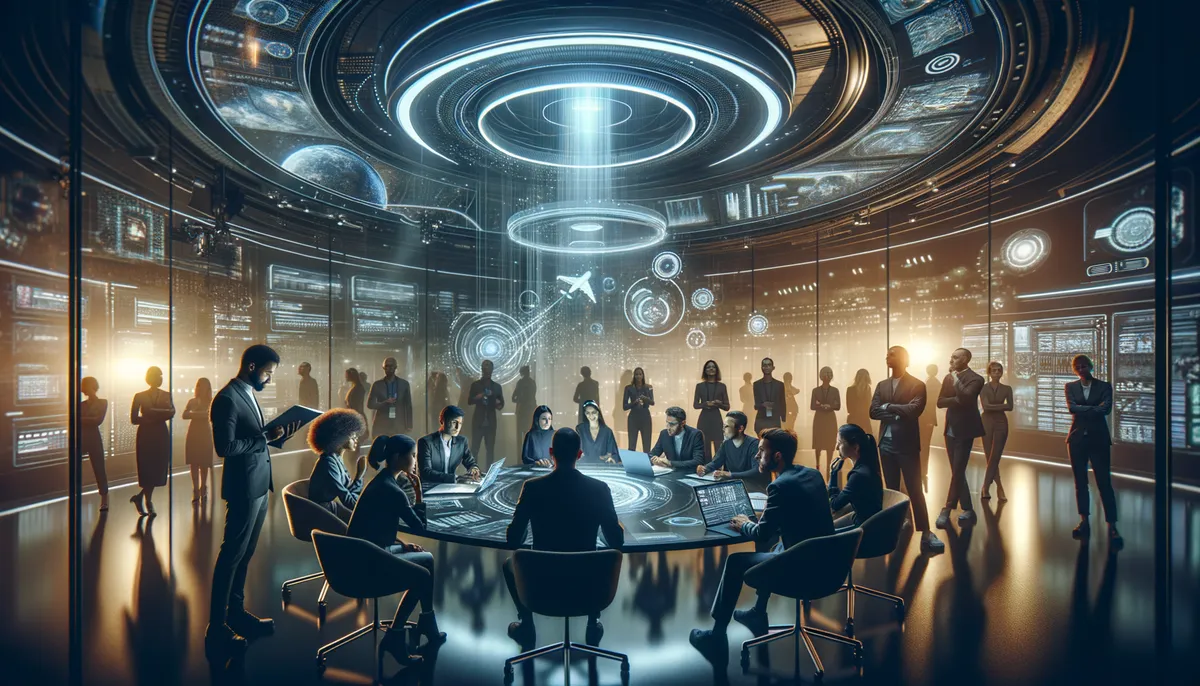 A group of people in formal attire are seated around a circular table in a futuristic conference room. They are surrounded by large digital screens displaying holographic data and graphics, including an airplane and various technical symbols. The room is illuminated by a soft, ambient glow from the screens, creating a high-tech atmosphere. Other individuals stand around the perimeter, observing the meeting.