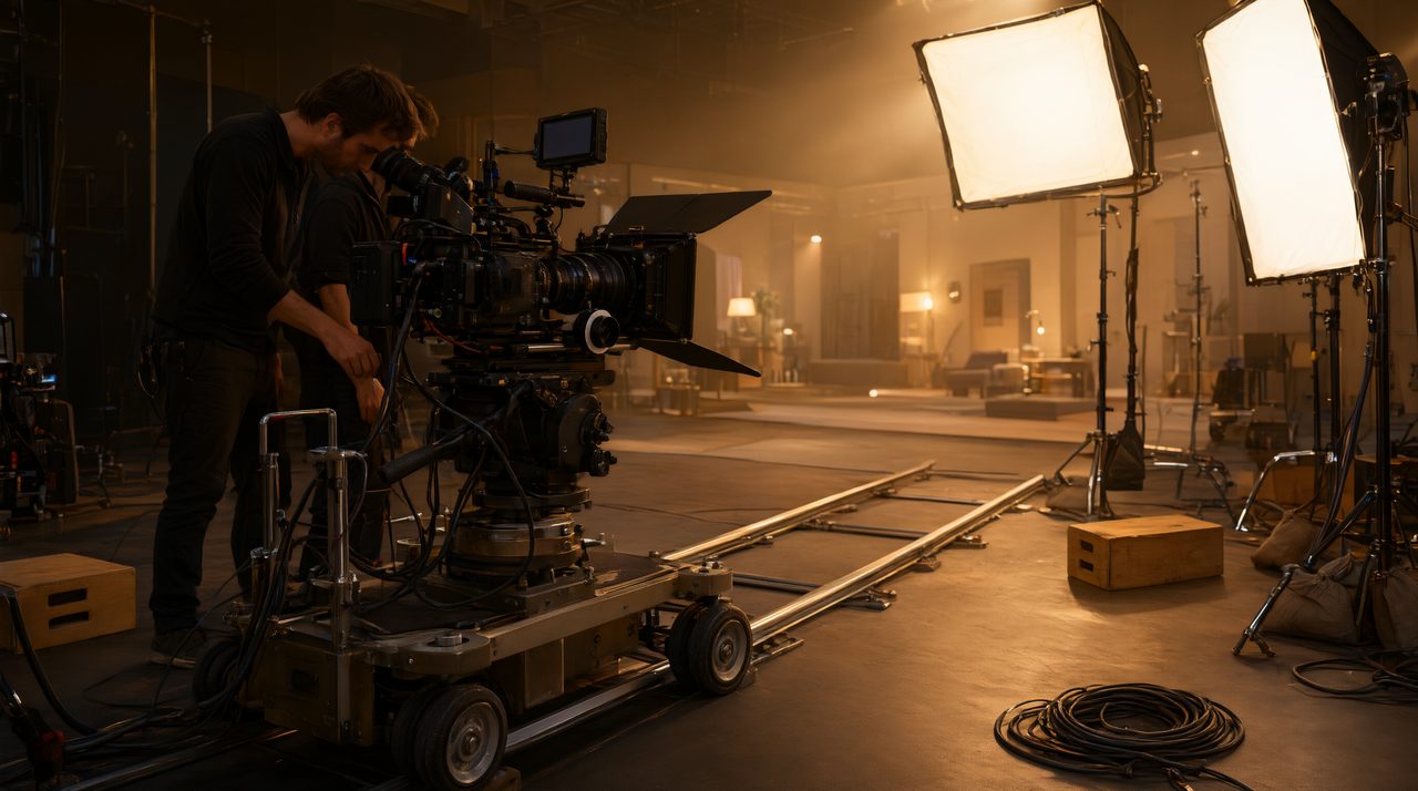 A real camera crew filming a commercial on a professional film set, representing authentic video production.