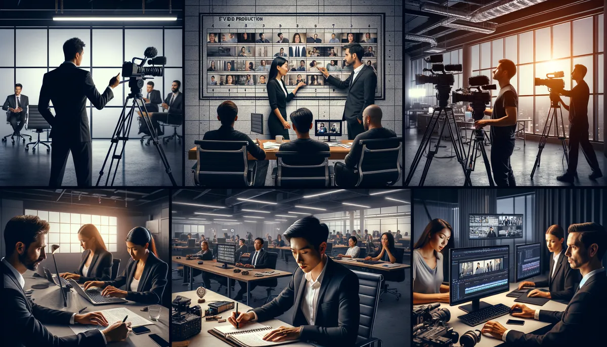 A collage of different scenes within a media production environment, featuring individuals working with cameras, discussing in a meeting room, collaborating over laptops, and editing video footage at computers. The setting includes modern office spaces with large windows, several professionals in business attire engaged in various stages of video production and editing.