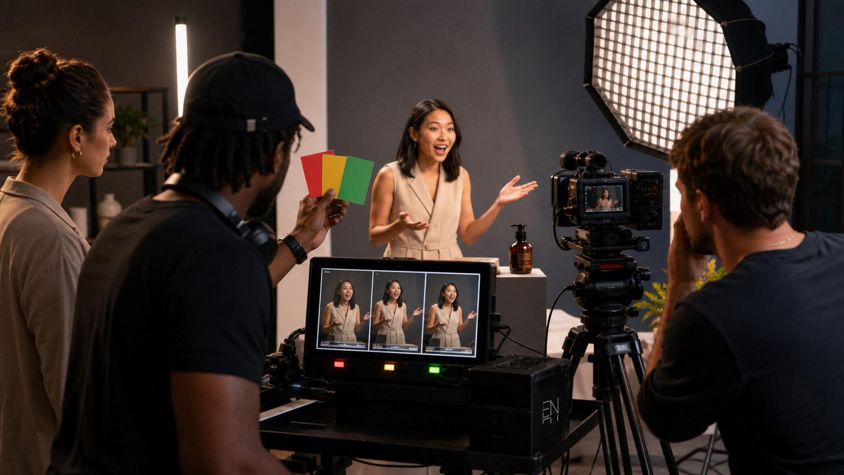 Video crew filming a social media product demo using three timing cues for the 5-5-5 rule