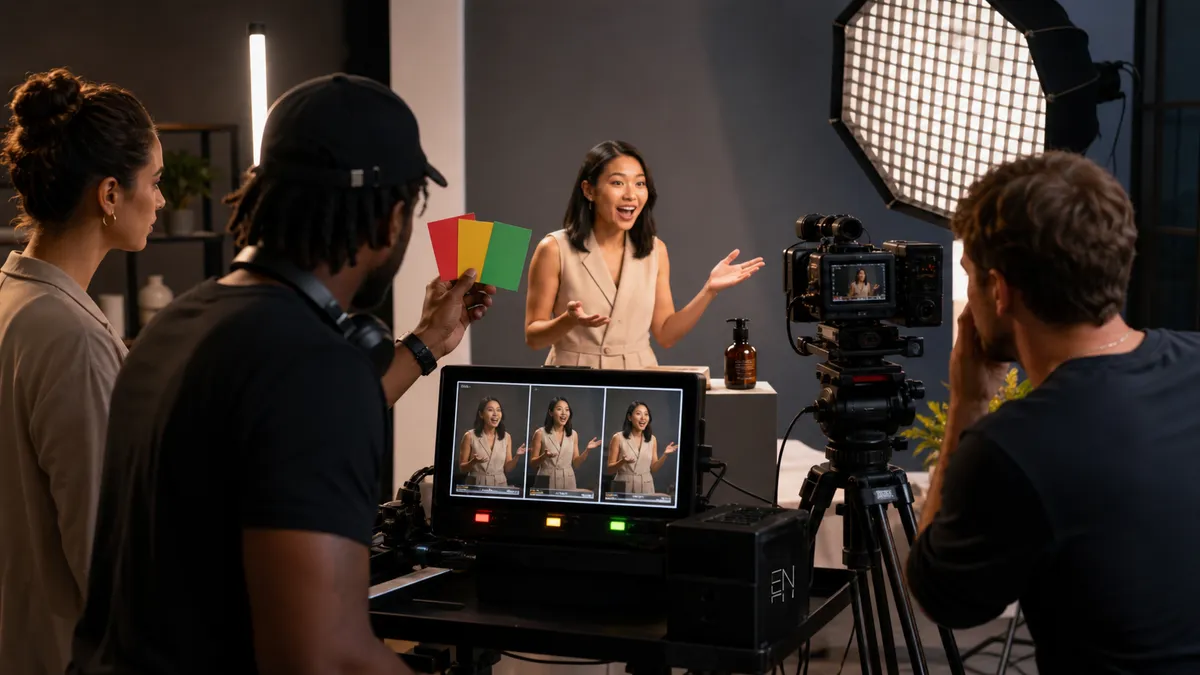 Video crew filming a social media product demo using three timing cues for the 5-5-5 rule