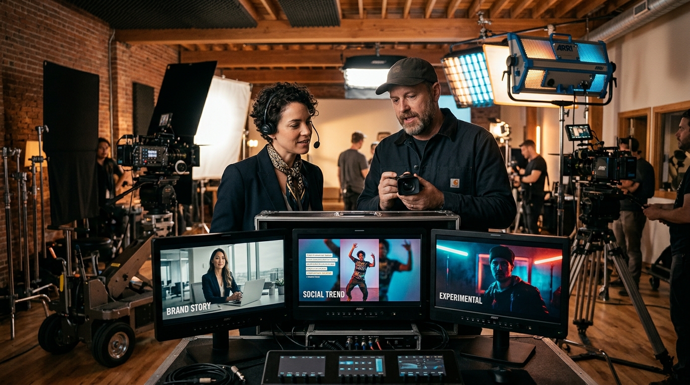 Creative director and cinematographer reviewing three video styles on studio monitors demonstrating the 70 20 10 content rule