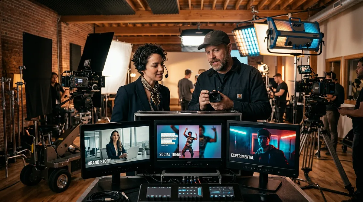 Creative director and cinematographer reviewing three video styles on studio monitors demonstrating the 70 20 10 content rule