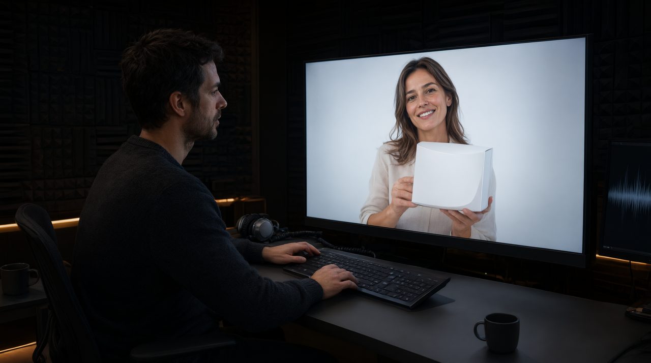 A director in a video studio reviewing footage on a large monitor, checking the footage for errors before publishing.