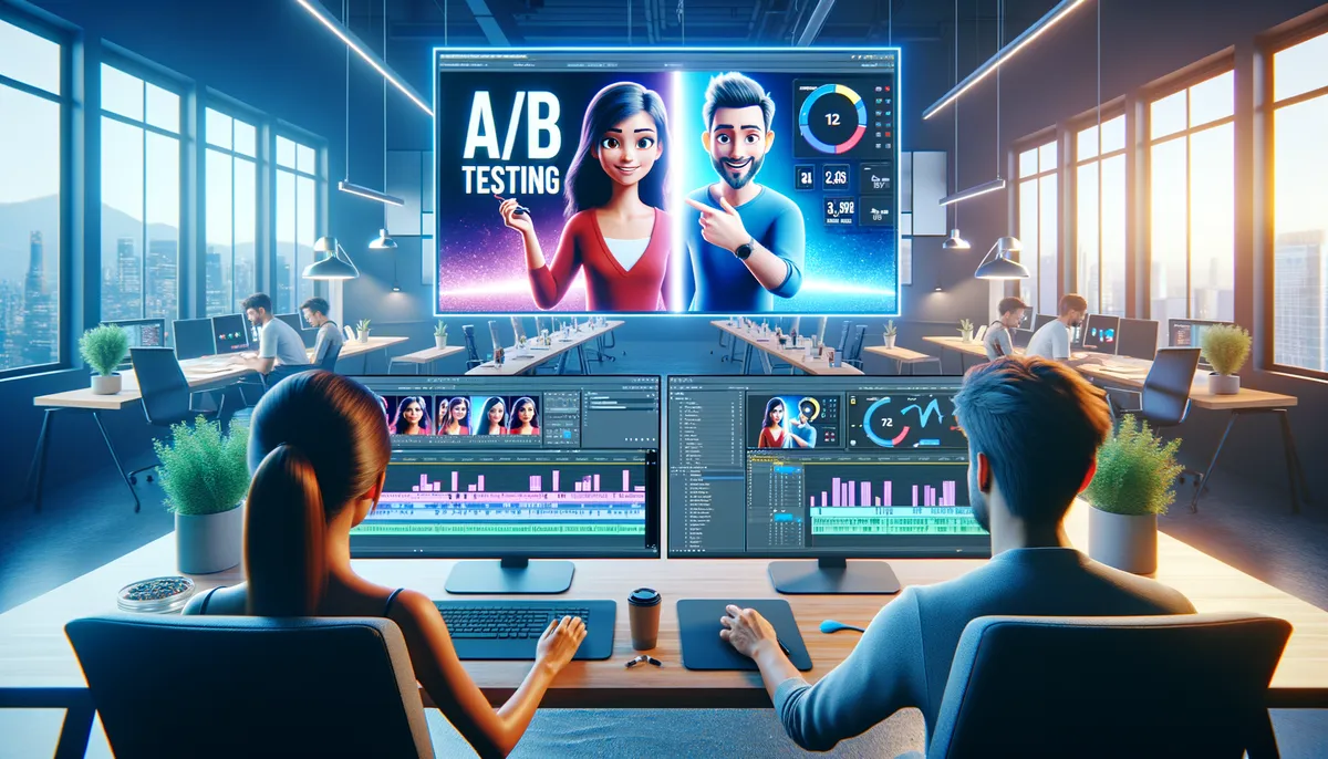 A modern office setting with multiple people working on computers. Two main individuals are focused on monitors displaying data analytics and A/B testing results. A large screen at the front shows an animated presentation with the title "A/B Testing" and graphics of two characters. The room is well-lit with natural light from large windows overlooking a cityscape.