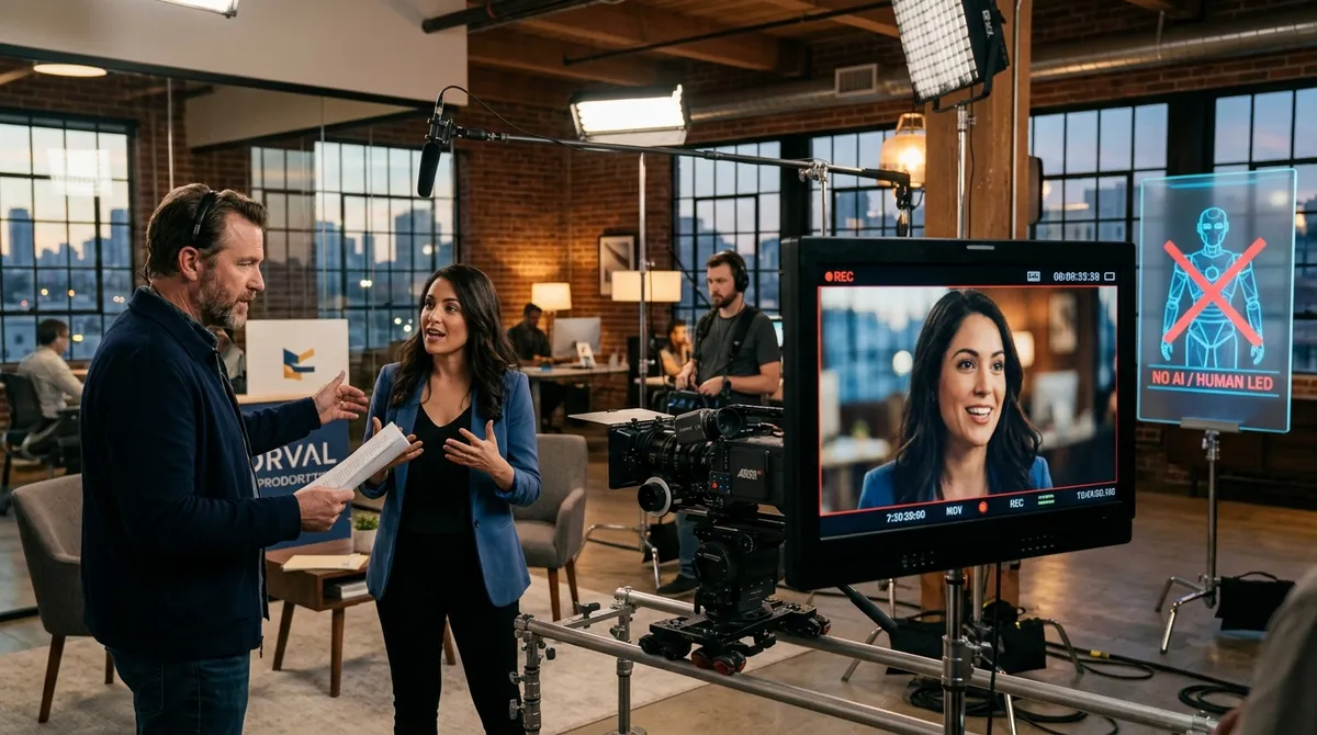 A premium cinematic video production set showing a human director guiding an actor, with an AI graphic crossed out in the background.