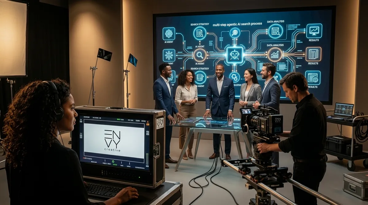 A professional video crew from Envy Creative filming a commercial set against a backdrop of a glowing digital display illustrating the agentic AI search process.