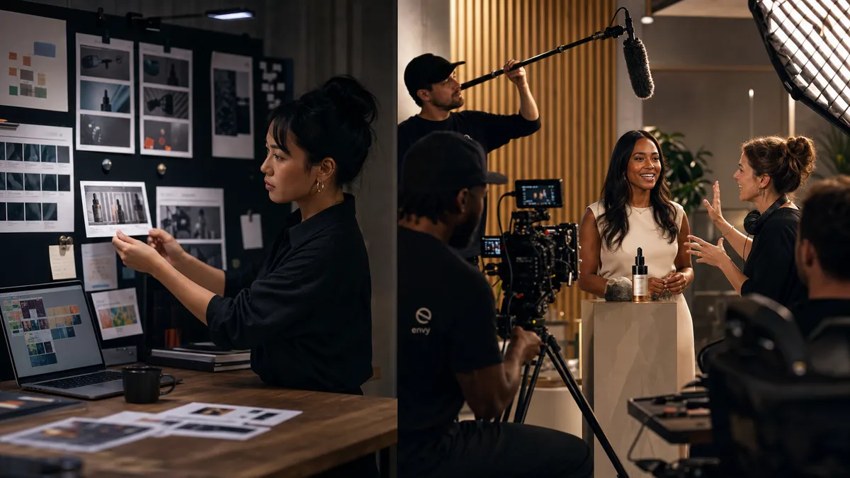 Envy Creative crew filming a real product video beside an AI planning wall with concept boards and production notes