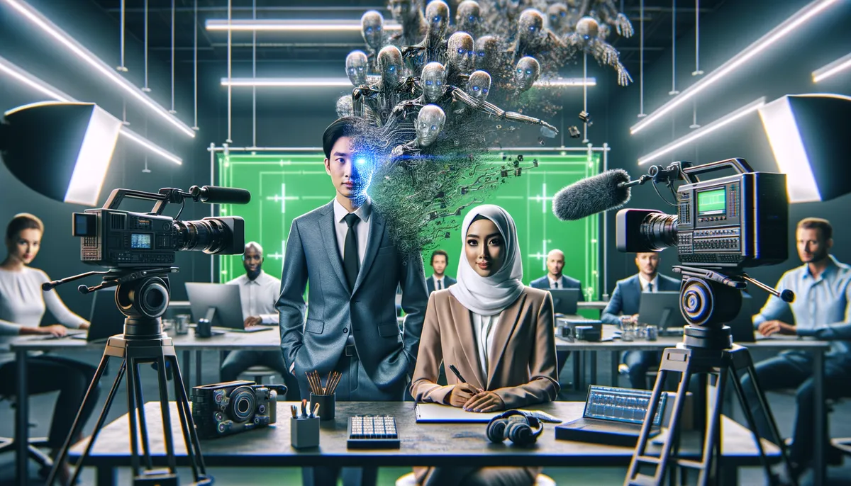 Create a high-quality, cinematic image suitable for a blog post. The image should depict a professional setting with a diverse group of professionals, showcasing an East Asian man and a Middle Eastern woman, both involved in video marketing. They are in a modern studio filled with equipment such as cameras, lighting, and green screens. In the background, visualize a representation of AI falling apart or deteriorating, symbolizing its decline. The style of the image should be hyper-realistic and visually engaging, without any text or logos present.