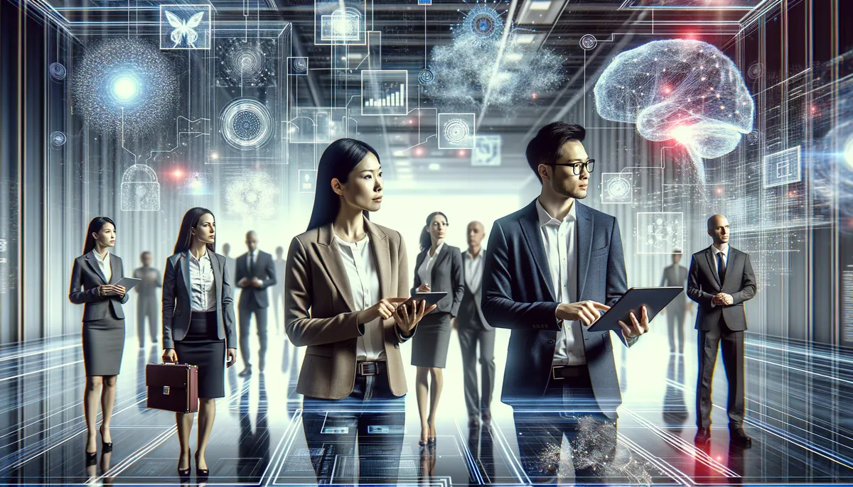 Generate an artistic, high-quality, cinematic-inspired image for a blog post. The image should depict a diverse group of individuals in professional attire, including a Caucasian woman holding a briefcase, an Asian man looking at a tablet, and a Black woman wearing glasses and gesturing as if she's explaining something. They're in a hi-tech location, with many screens showing various data and charts. In the background, portray vague representations of Artificial Intelligence like neural networks, holographic digital brains, and cubes formed of light. The image should be without any text or logos, engaging, and suitable for a header. Plese maintain a photo-realistic touch.