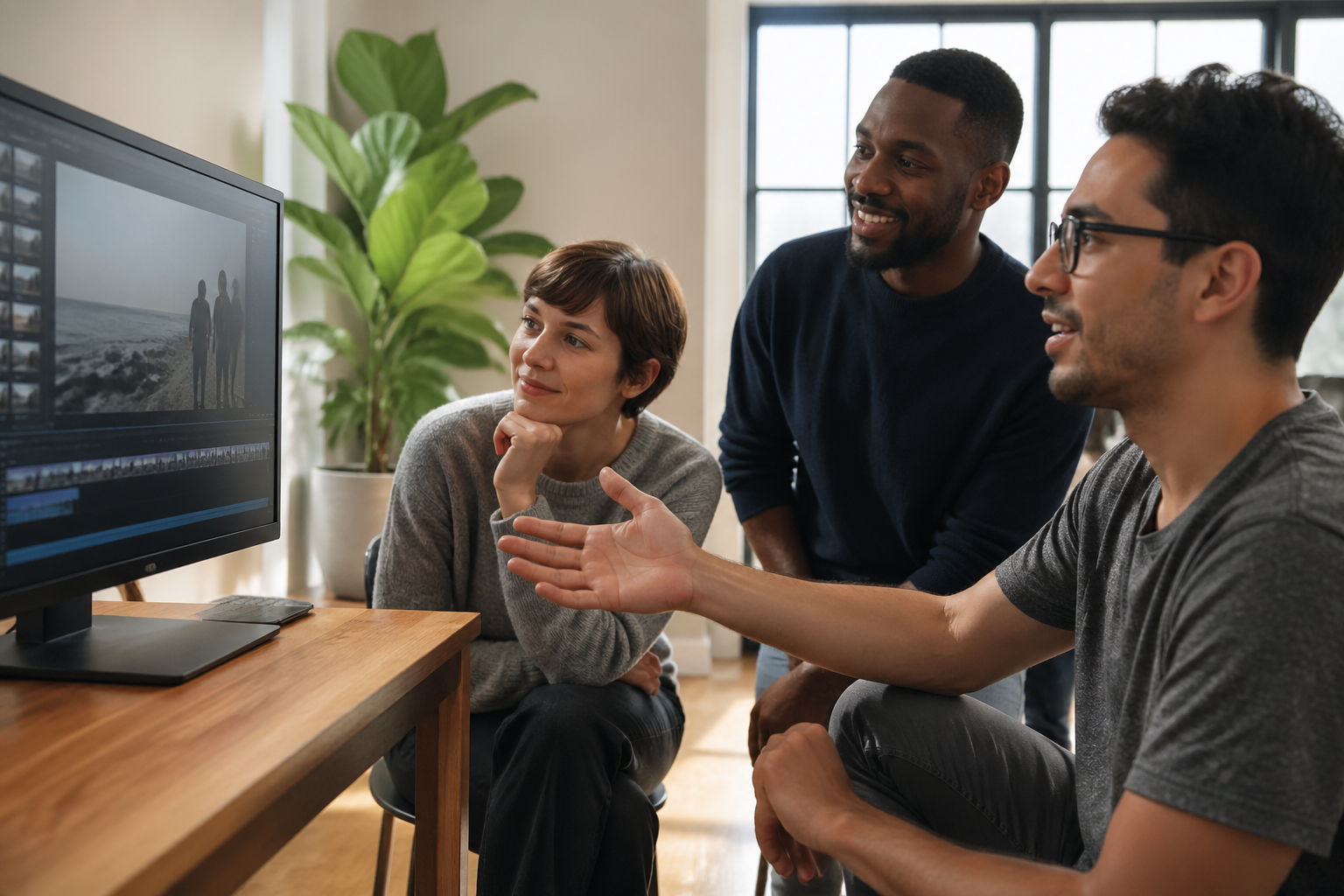 Diverse marketing team reviewing brand video footage on a large monitor in a modern, sun lit creative studio
