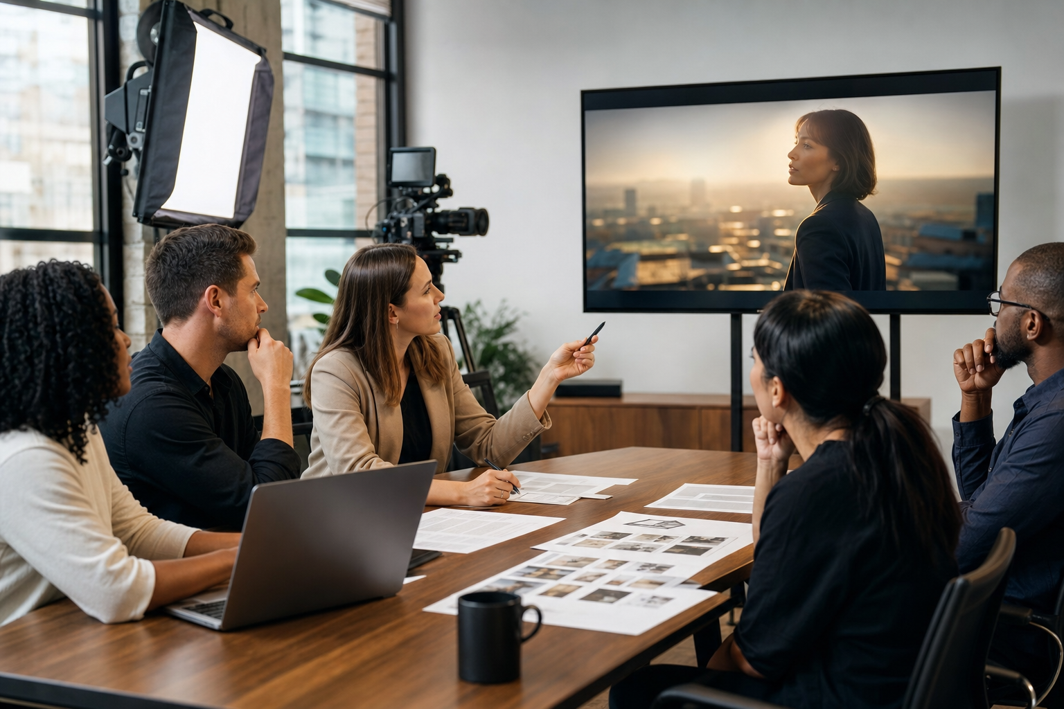 Creative team and business leaders reviewing a brand video in a modern production studio