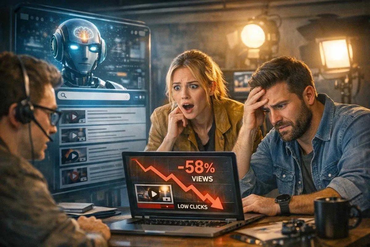 Three distressed individuals react to declining video performance metrics displayed on a laptop in a modern workspace featuring a digital AI robot display.