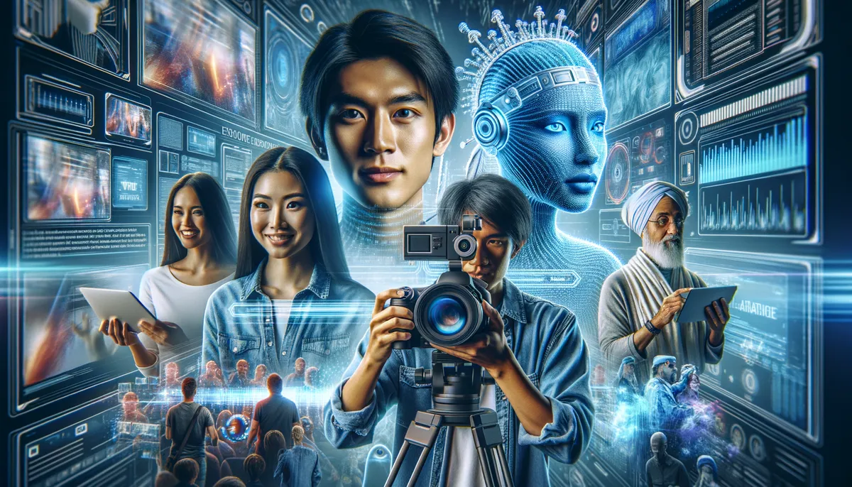 A futuristic scene featuring diverse individuals interacting with technology. A photographer with a camera is prominently placed, surrounded by digital screens and holographic images. A smiling woman holds a tablet, while another person interacts with a virtual screen. A large AI-generated face with circuits is in the background. A man in traditional attire uses a digital device. The atmosphere is high-tech and innovative.