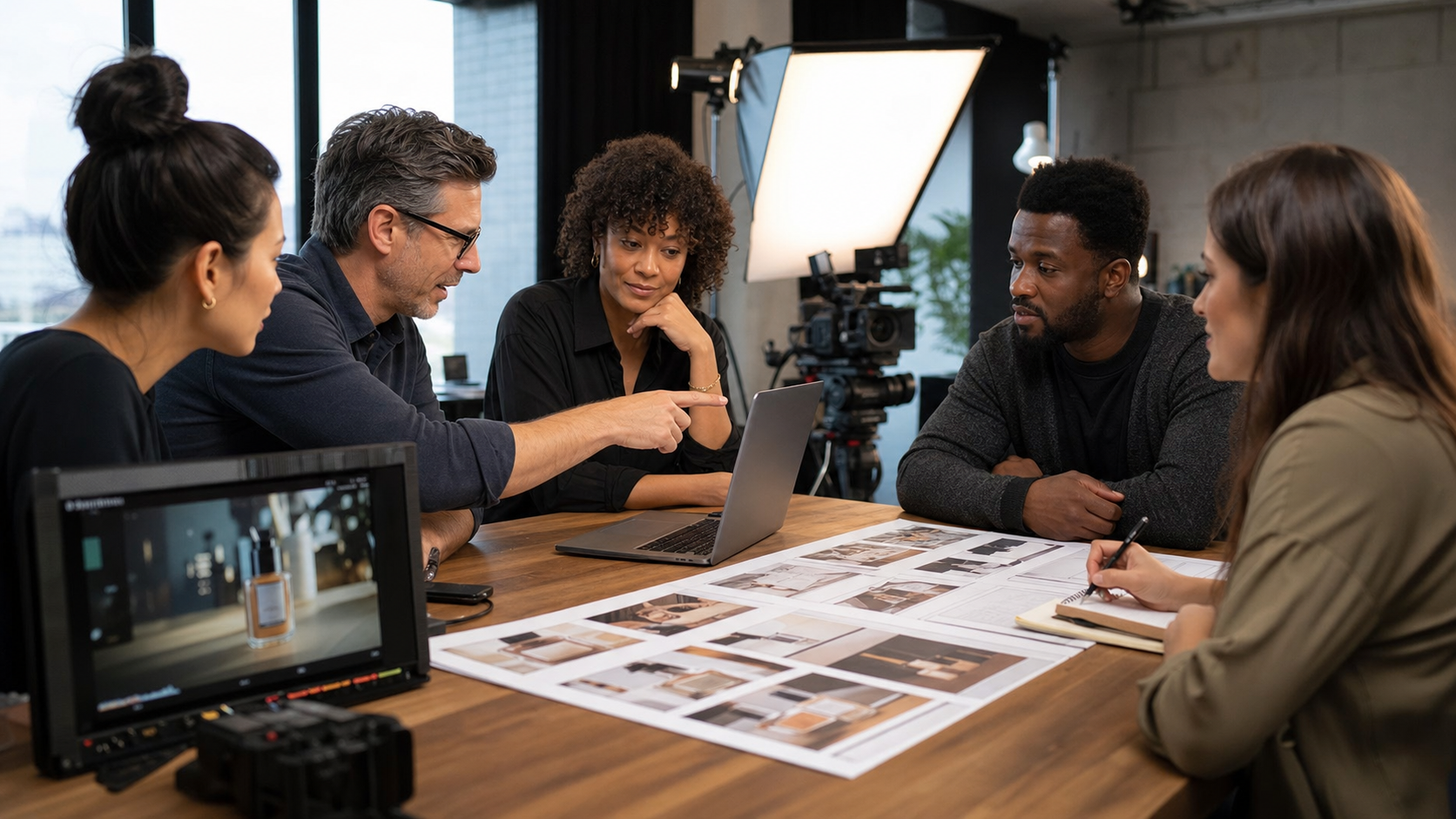 Business leaders and video creatives planning AI search focused video marketing in a modern production studio.