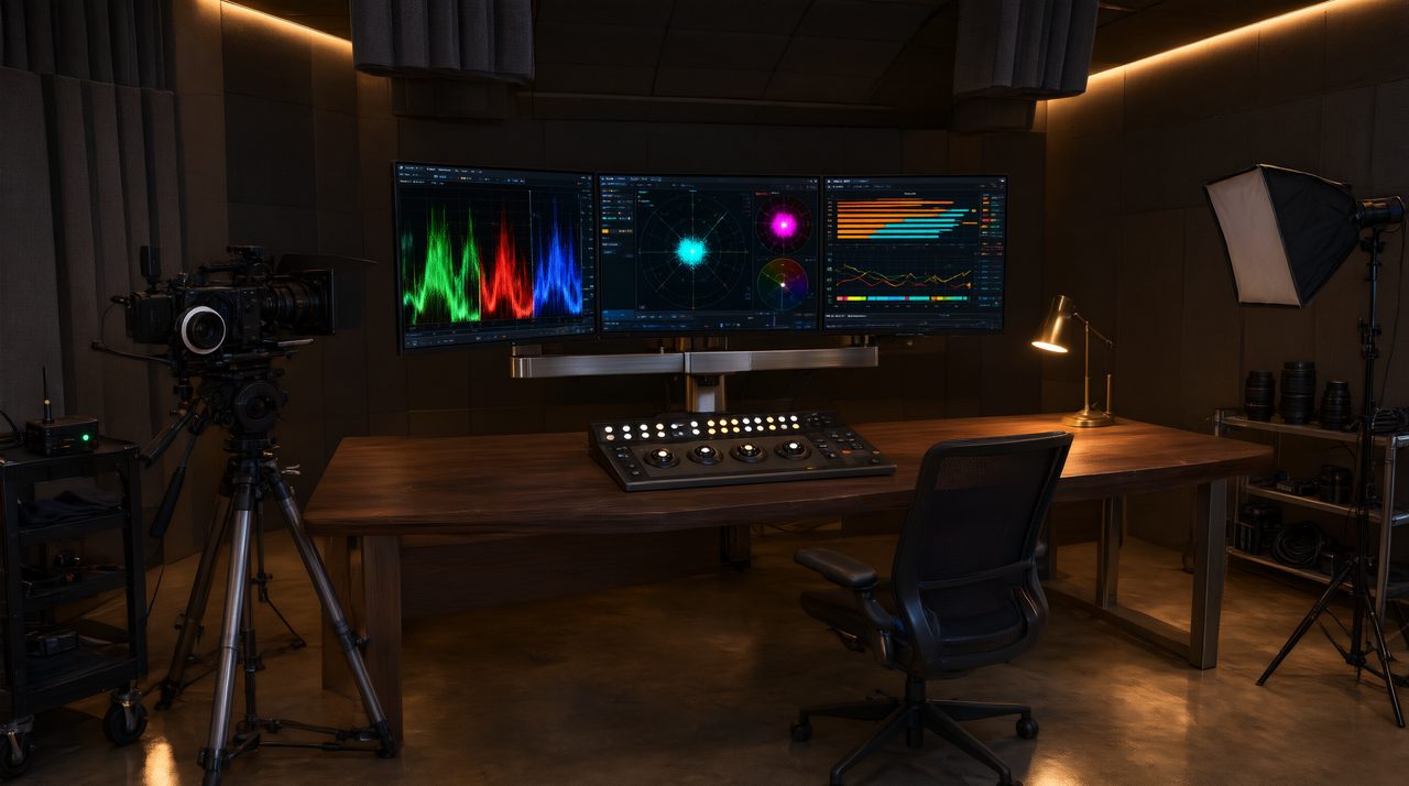 A professional video editing studio with monitors displaying colorful video analytics dashboards, next to cinema camera equipment.