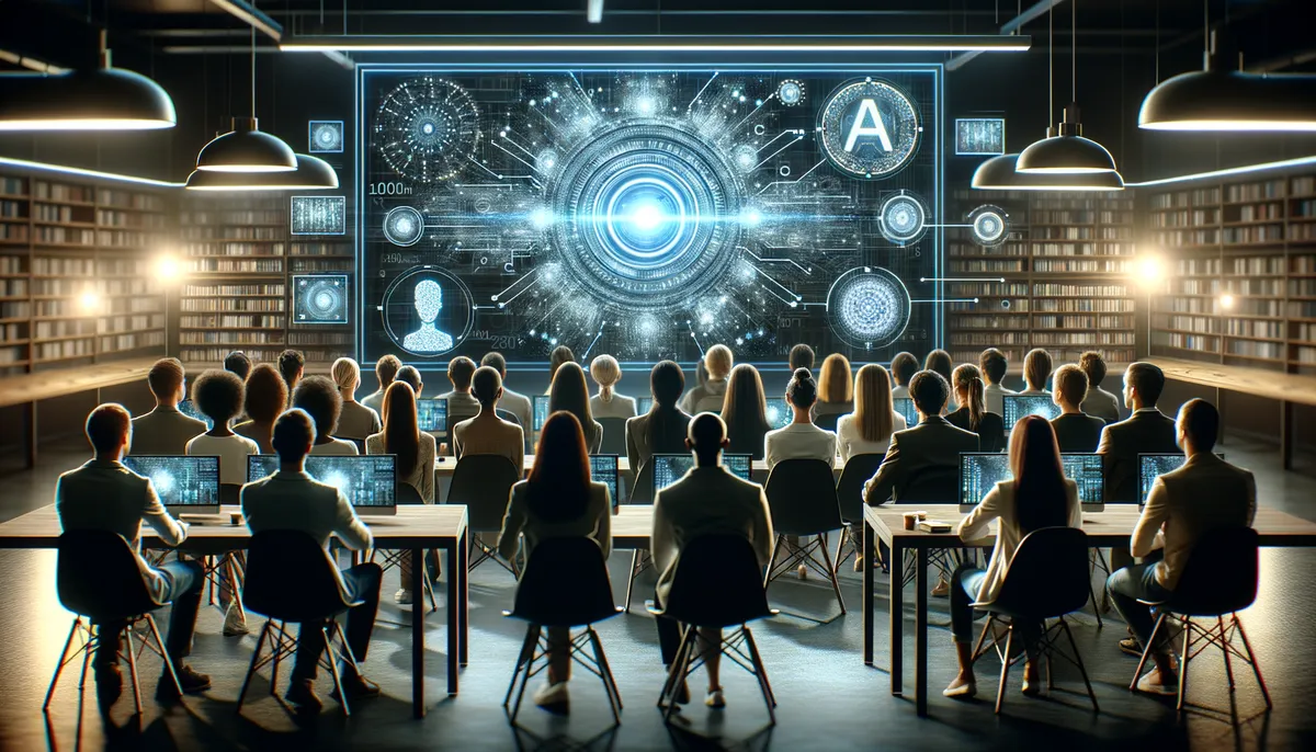 Generate a professional, high-quality, cinematic image for a blog post on the topic of AI Video Attention. The image should feature a diverse group of individuals of various descents such as Caucasian, Hispanic, Black, Middle-Eastern and South Asian, engrossed in watching a futuristic, holographic display of algorithmic data patterns, representing AI sorting through videos. The location should be consistent with the subject matter, a modern, minimalist workspace illuminated softly, enhancing the glow from the AI interface. The style should be visually engaging, unique and should not include any text or logos.