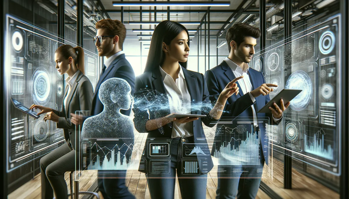 A cinematic, professional, high-quality image depicting a high-tech office setting with large transparent screens displaying complex AI algorithms and graphs. Amongst them, three people of different descents are actively engaging with the data: an Asian woman wearing a smart business suit is pointing towards one of the screens, a South Asian man, looking focused, is swiftly typing on a futuristic keyboard, and a Caucasian man, dressed in a casual smart outfit, is thoughtfully examining the data feed on a handheld device. The scene incorporates a balance between human interaction and technology, embodying the essence of AI video brand monitoring.