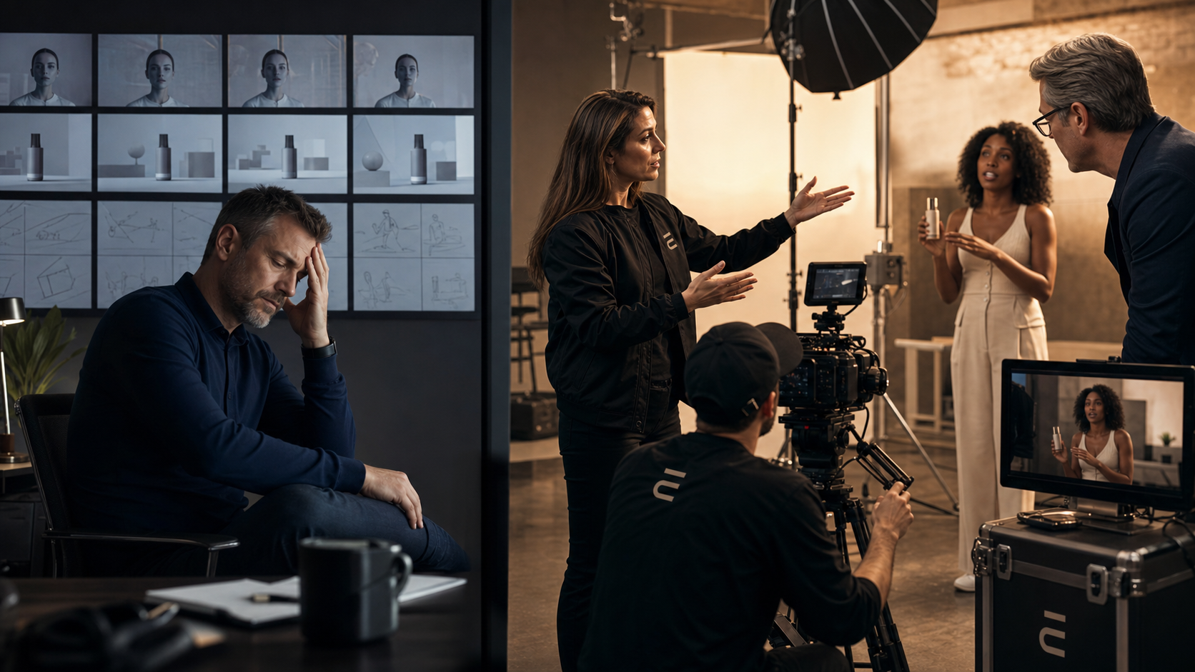 Marketing leader comparing repetitive AI video concepts with a human-led Envy Creative production set