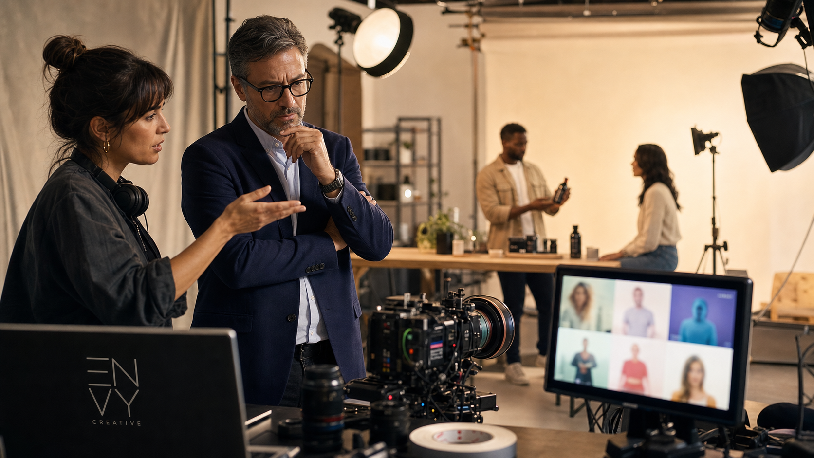 Envy Creative director guides a client from synthetic AI video thumbnails toward a real product video shoot in a cinematic studio.