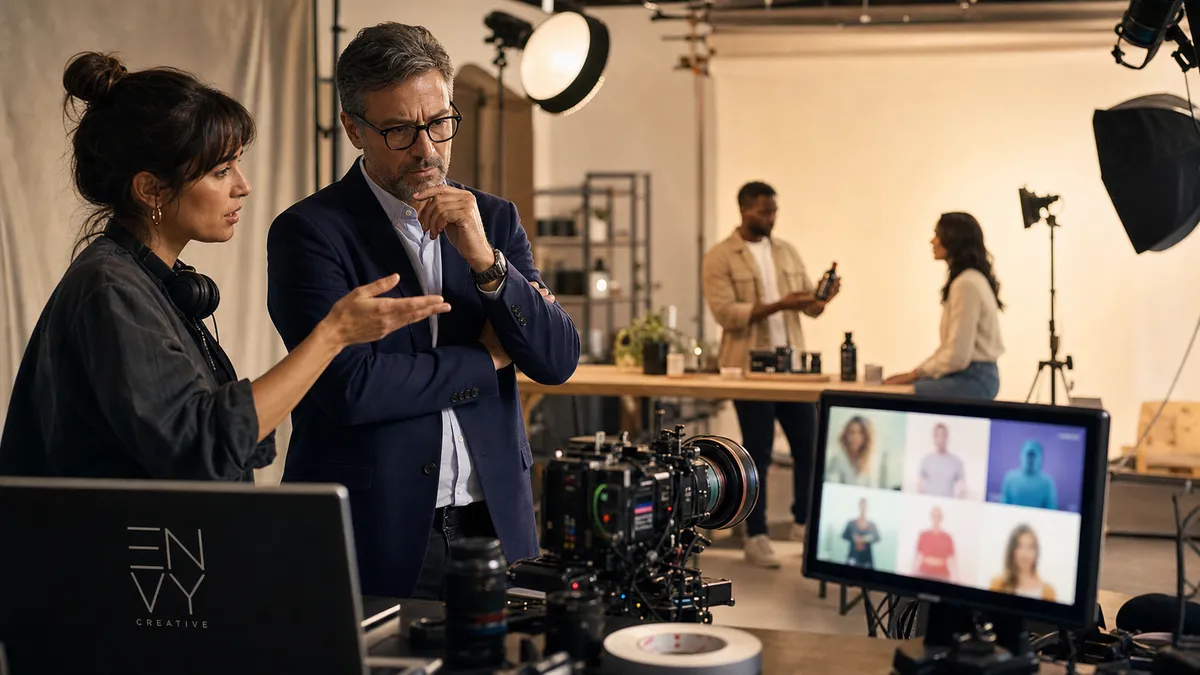 Envy Creative director guides a client from synthetic AI video thumbnails toward a real product video shoot in a cinematic studio.