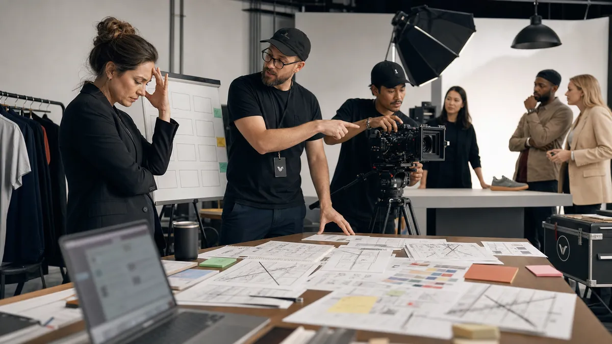 Stressed marketing director reviewing messy AI video storyboards while an Envy Creative crew prepares a polished product shoot in a studio.