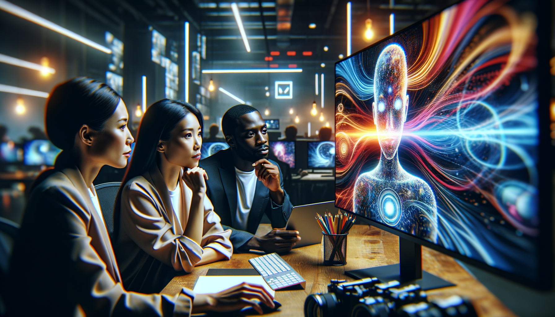 Create a professional, cinematic blog featured image for a post about AI videos. Display a diverse group of individuals: an Asian woman, a Caucasian man, and a Black woman, engrossed in viewing a screen that displays a dynamic array of colors and patterns that subtly hint at artificial intelligence. To suggest the theme of video content, incorporate elements like a large screen, film reel, or subtle light rays emulating from monitor. The backdrop should be a modern tech-oriented workplace filled with computers and digital places. Ensure the image is visually stimulating, mature, and professional, suitable for a blog header.
