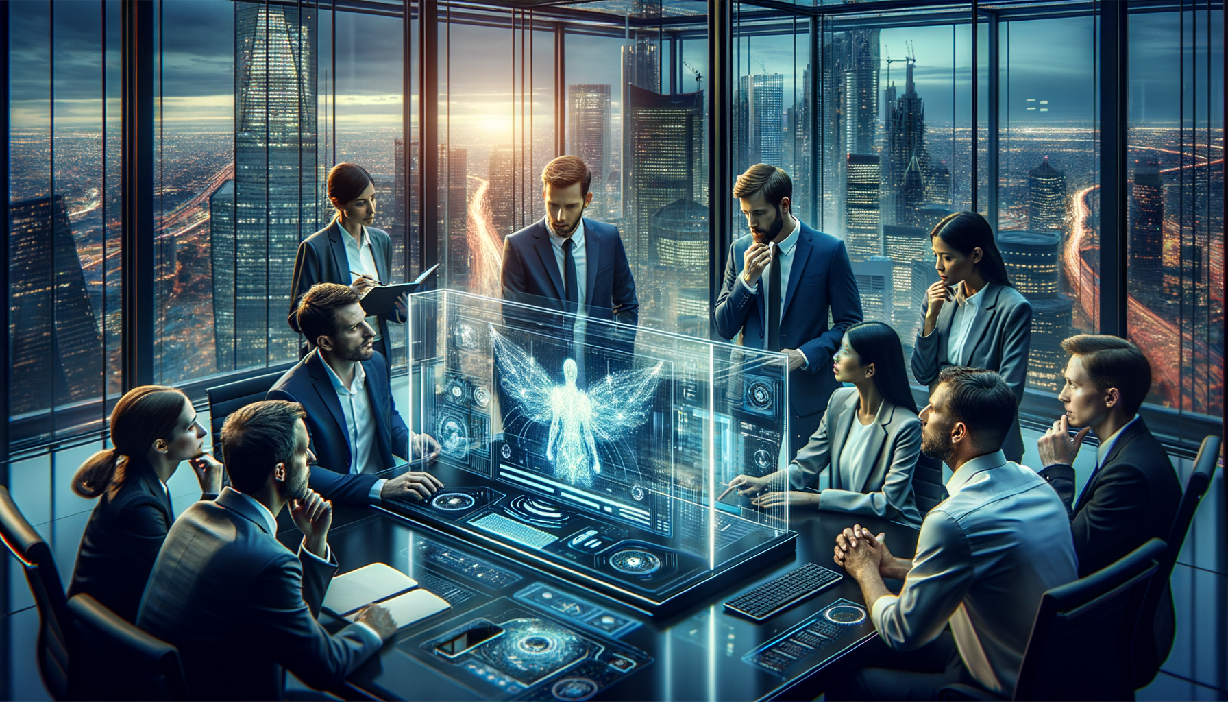 A high-quality, cinematic image featuring a group of professional individuals, with various descents such as Caucasian and Hispanic, deeply engaged in a discussion. They are gathered around a sleek, futuristic computer station with a holographic display showcasing artificial intelligence graphics. The setting is a state-of-the-art technology lab with transparent glass walls revealing the skyline of a bustling metropolis at dusk, providing a contrast between the cutting-edge technology indoors and the vibrant city life outdoors. This image captures the essence of in-depth exploration into the secrets of AI video search, represented by the focused interactions of the diverse professionals.