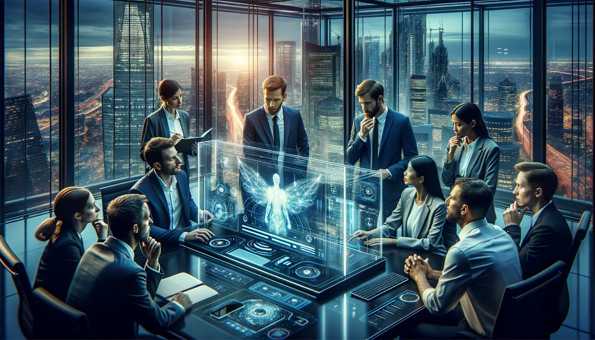 A high-quality, cinematic image featuring a group of professional individuals, with various descents such as Caucasian and Hispanic, deeply engaged in a discussion. They are gathered around a sleek, futuristic computer station with a holographic display showcasing artificial intelligence graphics. The setting is a state-of-the-art technology lab with transparent glass walls revealing the skyline of a bustling metropolis at dusk, providing a contrast between the cutting-edge technology indoors and the vibrant city life outdoors. This image captures the essence of in-depth exploration into the secrets of AI video search, represented by the focused interactions of the diverse professionals.