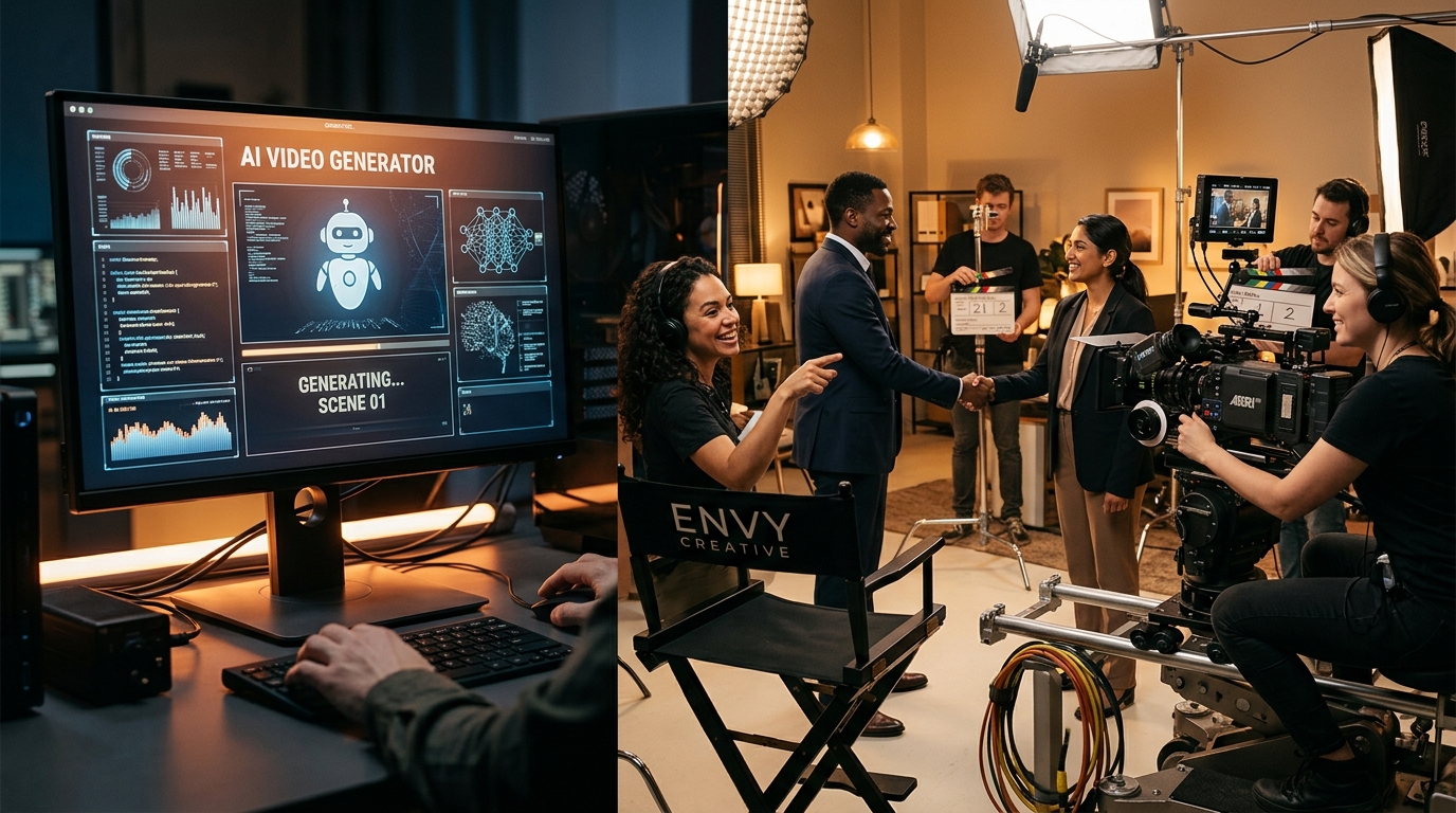 A side-by-side split screen showing a glowing digital AI video generator interface on a monitor screen on the left, and a professional human film crew filming B2B actors on a warm live-action studio set with Envy Creative branding on the right.