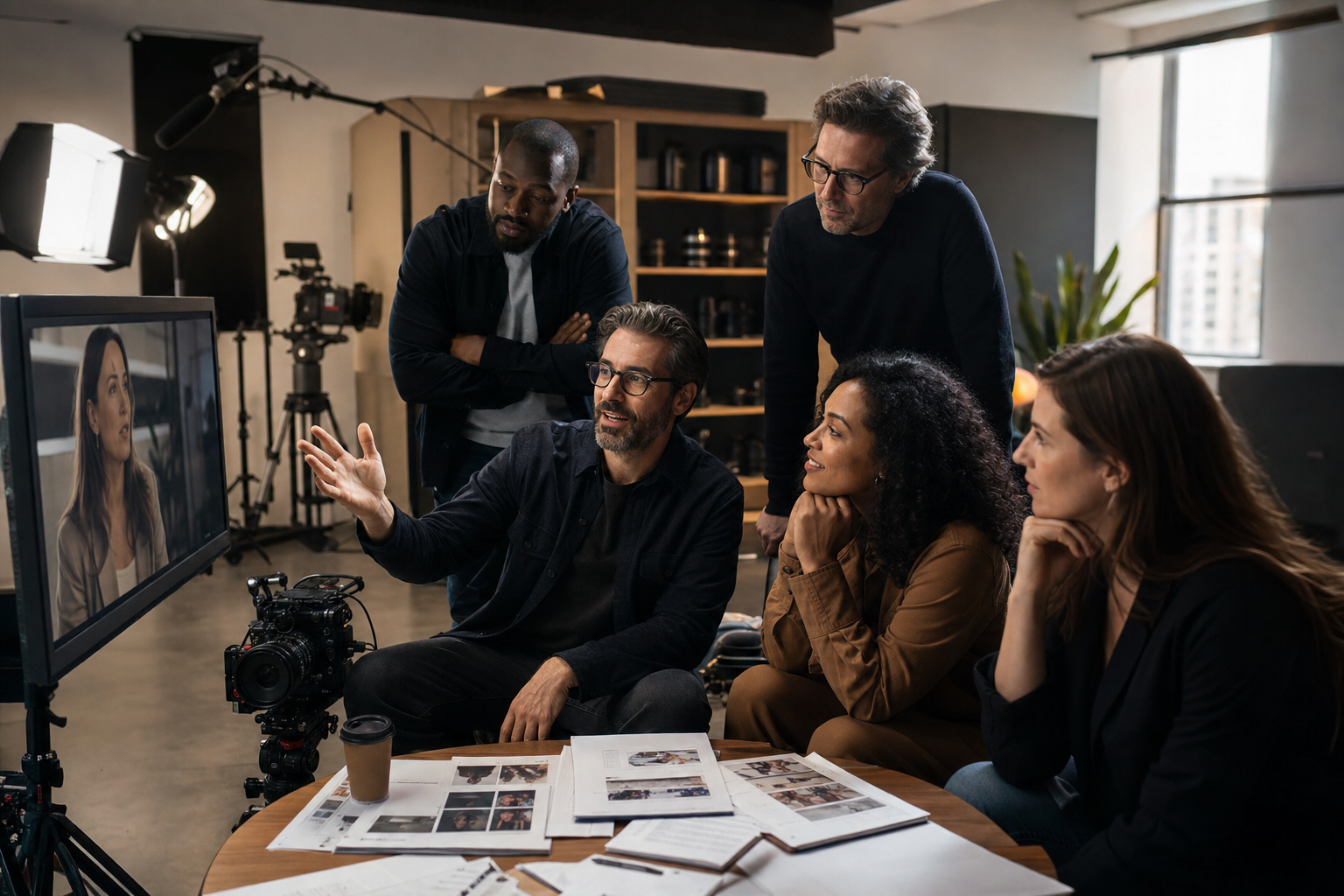 Creative director and business team reviewing authentic brand video footage in a modern production studio
