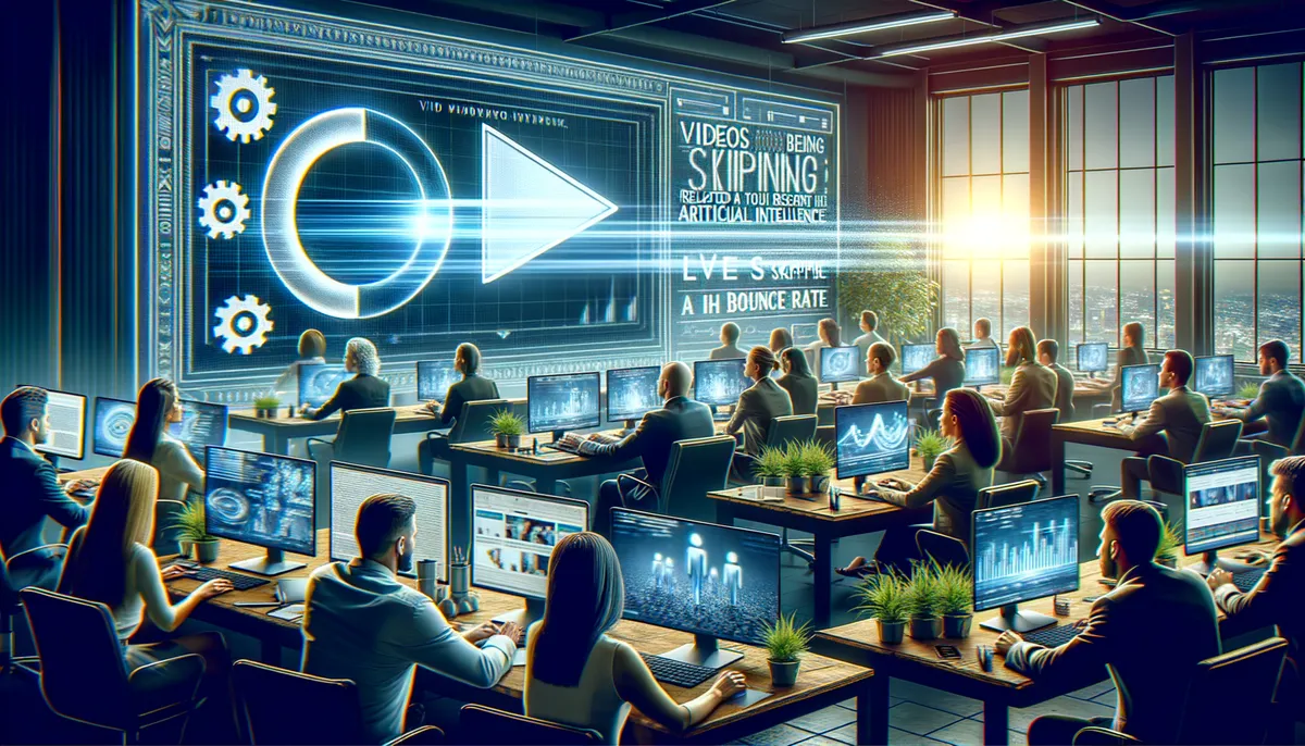 A modern, futuristic office with people working at computers displaying data and digital graphics. A large screen at the front shows a play button and gears, suggesting technology or media. The room is filled with light from large windows, and there are small plants on desks, adding a touch of greenery.