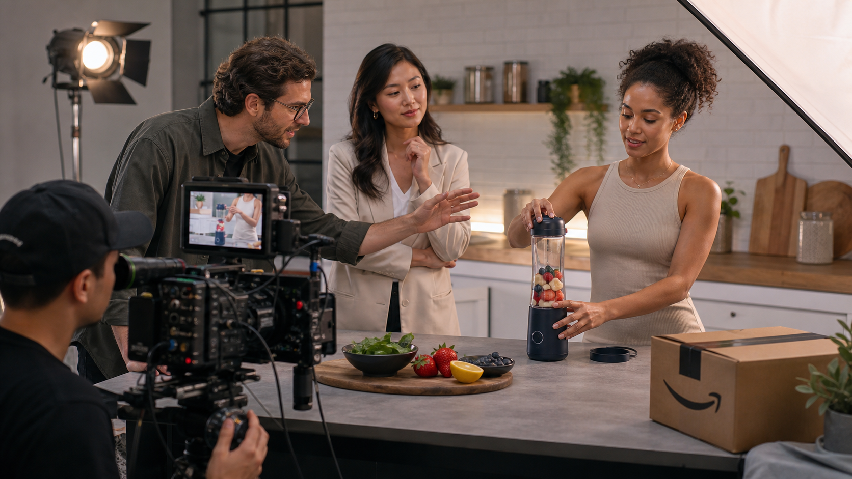 Product video crew filming an ecommerce demo for an Amazon product page while a brand manager reviews the shot on set.