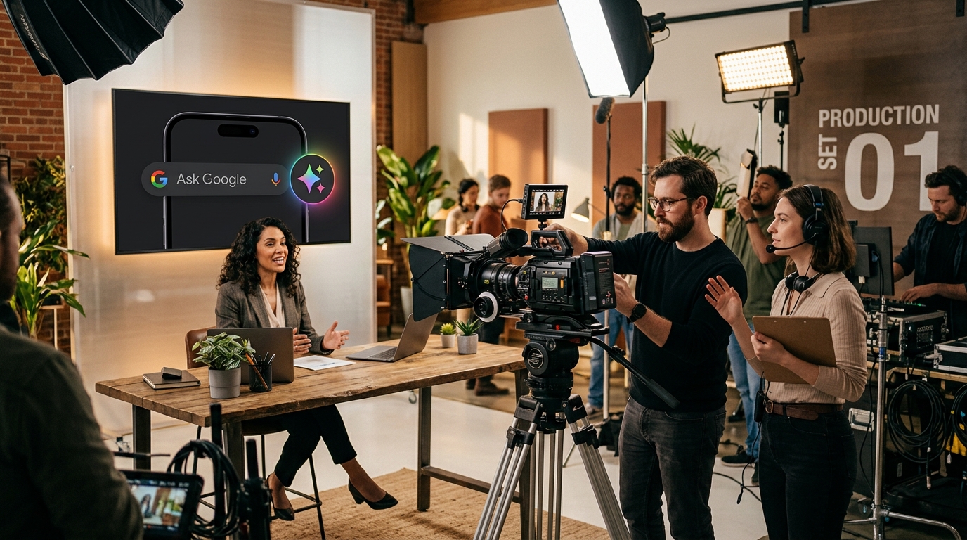 A professional video production crew filming a B2B marketing video in a studio, with a monitor displaying Google's new Ask Google search bar and AI sparkle in the background.