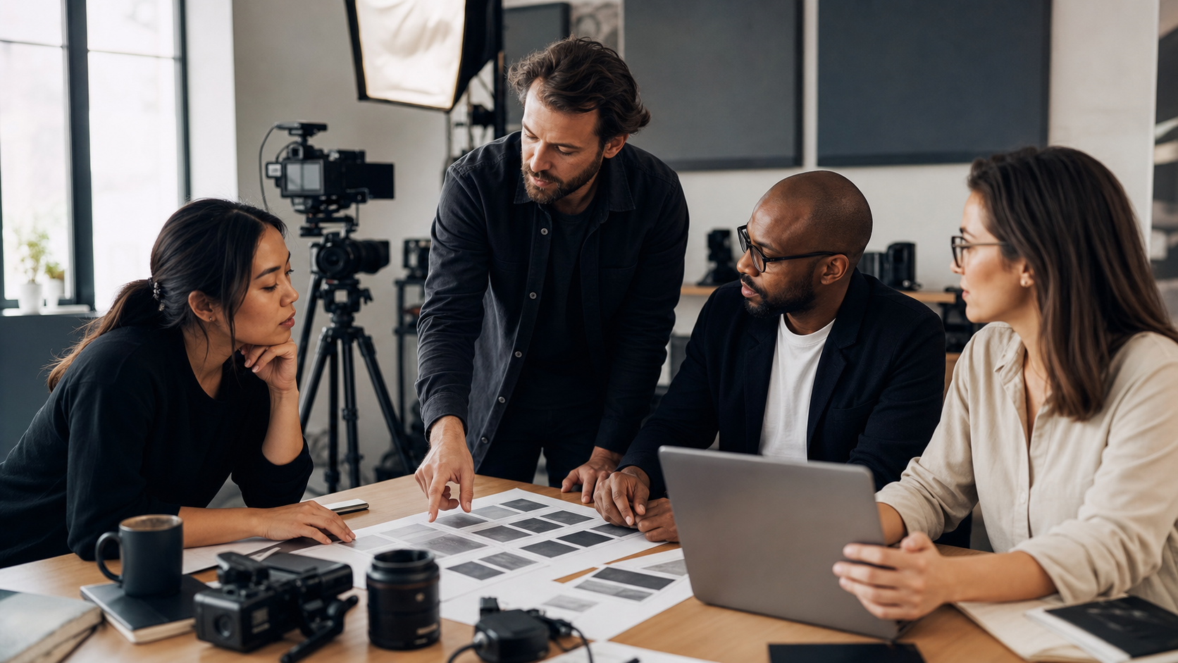 Business leaders and a creative team planning an answer engine video strategy in a modern production studio