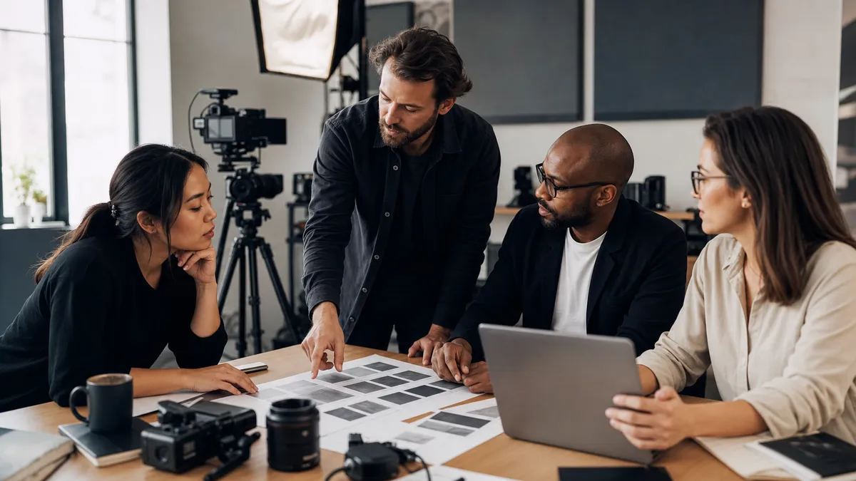 Business leaders and a creative team planning an answer engine video strategy in a modern production studio