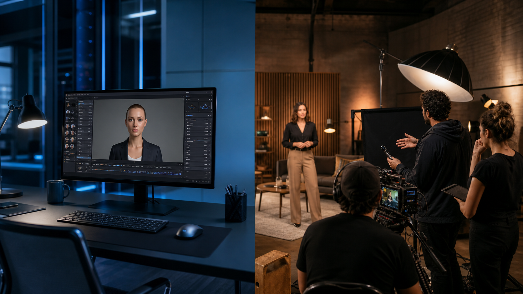 Split-screen comparison of an AI avatar workstation and an Envy Creative crew directing a real presenter on a cinematic brand video set