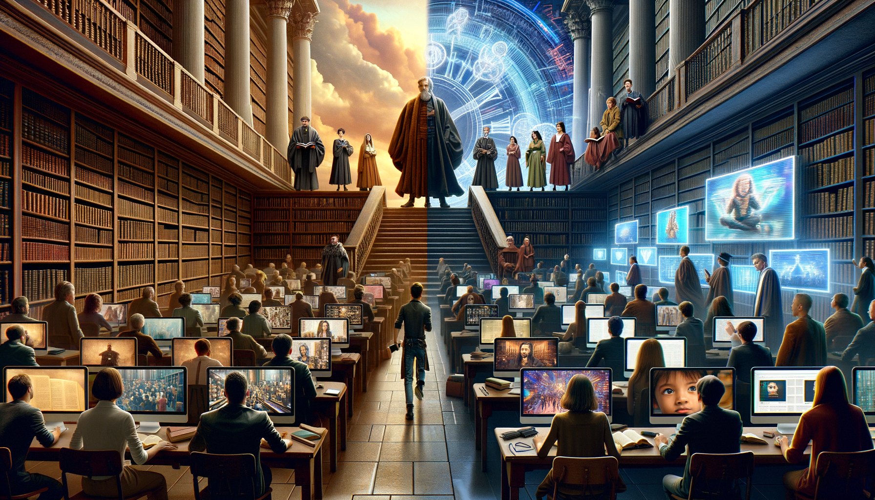 Create a cinematic and visually engaging image suitable for a blog header. The scene should depict a dramatic change in setting from a traditional, structured environment, such as a classical library with bookshelves filled with bound leather books, populated by several individuals of different races, genders, and ages. The other half should represent the modern era, focusing on digital technology. Show young individuals of varying descents, gender, and appearances engaged with screens showcasing video representations. The transition between the two areas should be evident, suggesting the fading authority of the written word and the rise of video media. The overall image should exhibit a photo-realistic style.