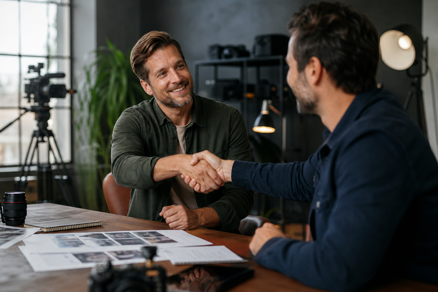 Video creator shaking hands with a B2B client after a successful strategy meeting