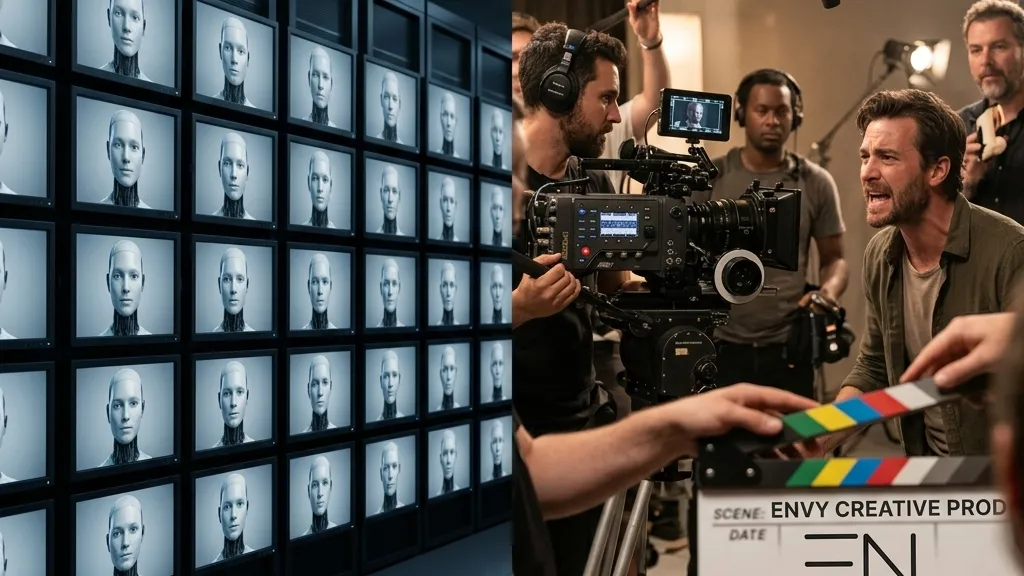 A split-screen comparison showing grid screens of generic, identical AI talking head avatars on the left, and a cinematic B2B film set with a professional crew and director filming an expressive actor on the right.