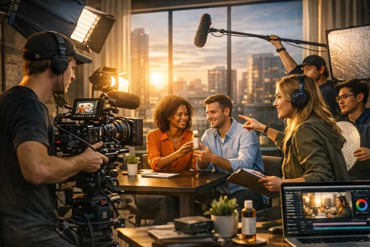 A vibrant indoor video production scene featuring a camera operator, a director, talent holding product bottles, and crew members with professional equipment, set against large windows showcasing a sunset-lit city skyline.