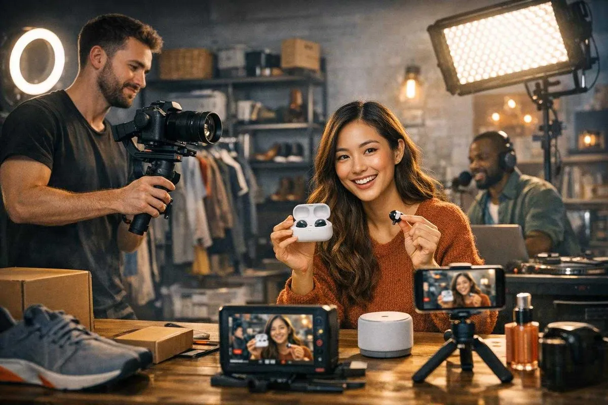 A lively studio scene featuring a smiling East Asian woman in an orange sweater holding a charging case with wireless earbuds, flanked by a cameraman filming her and a man working on audio equipment, with professional lighting and various production items on the table.