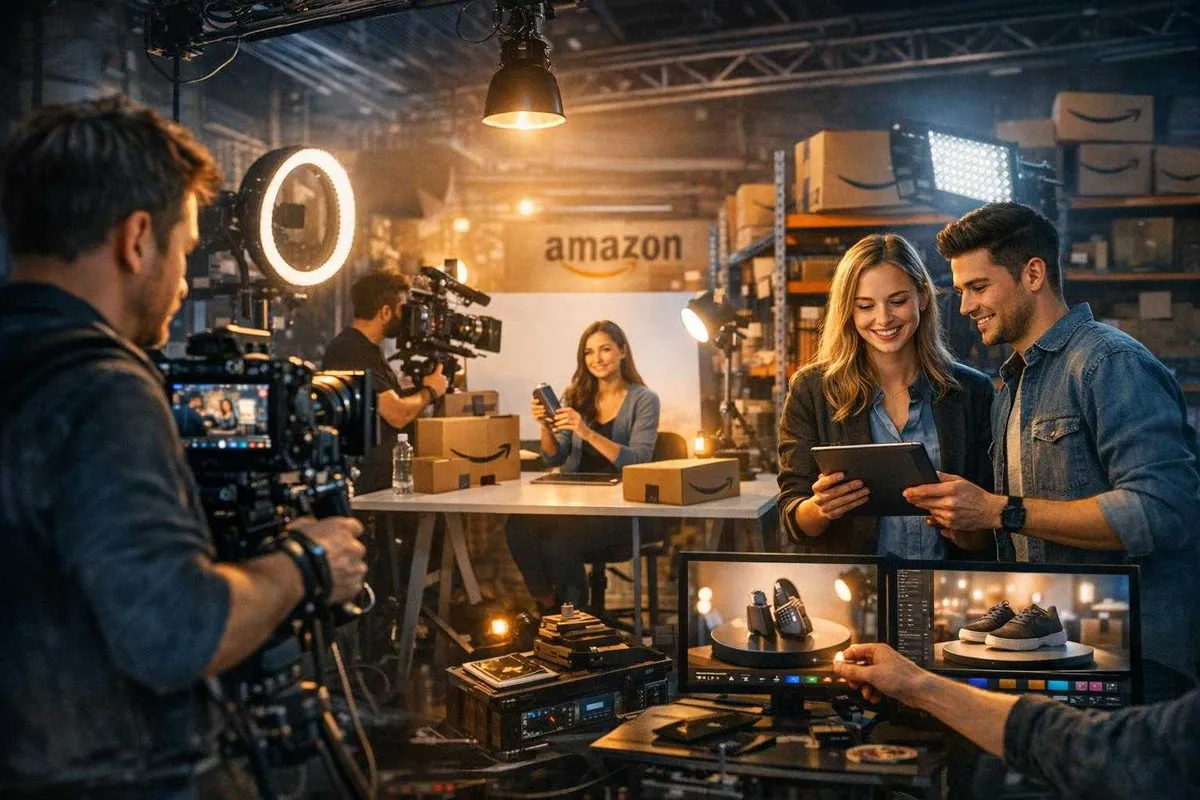 A busy Amazon product video shoot features a well-lit studio with cameras, lighting, and shelves stacked with Amazon boxes, as a woman reviews content at a desk while a couple and a camera operator observe and work on the production.