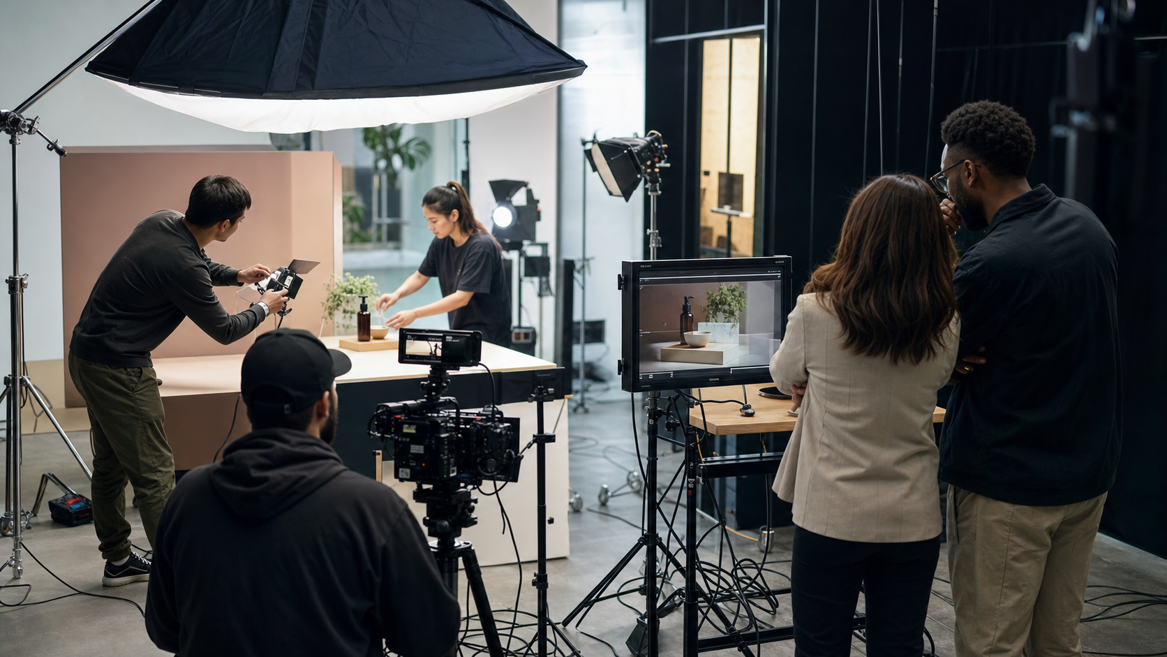 Envy Creative crew filming a fast-turnaround product ad while a marketing director reviews the shot on set