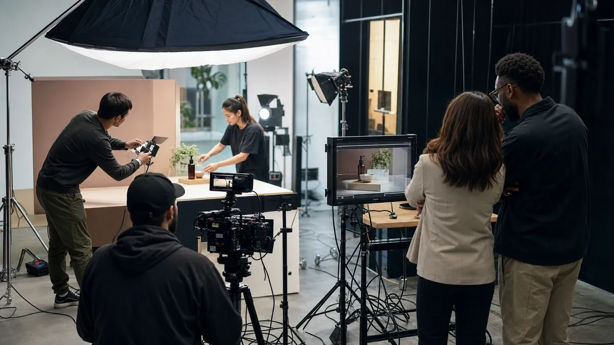 Envy Creative crew filming a fast-turnaround product ad while a marketing director reviews the shot on set