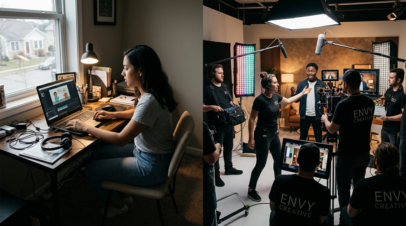 Side by side comparison of a solo freelancer making a template animation on a laptop versus the professional Envy Creative video production team filming on a studio set.