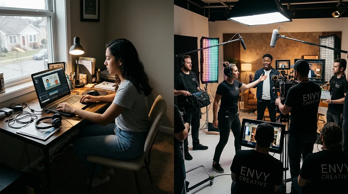 Side by side comparison of a solo freelancer making a template animation on a laptop versus the professional Envy Creative video production team filming on a studio set.