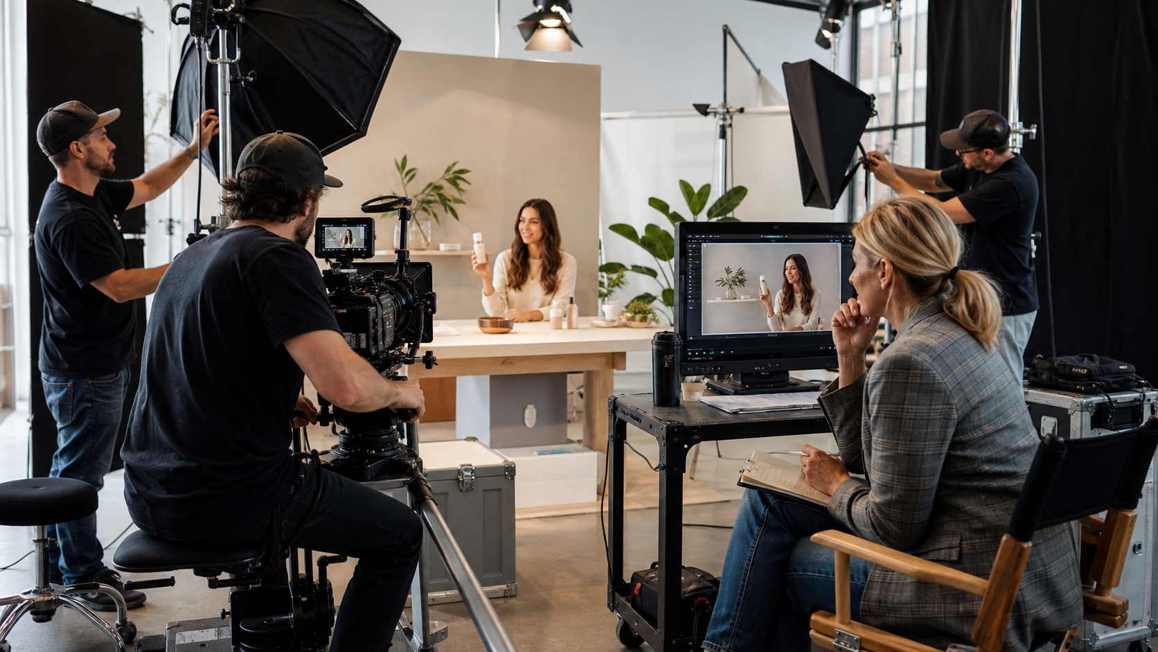 Envy Creative crew filming an e-commerce product ad with professional talent while a brand manager reviews the scene